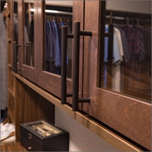 brown cabinets with white countertops