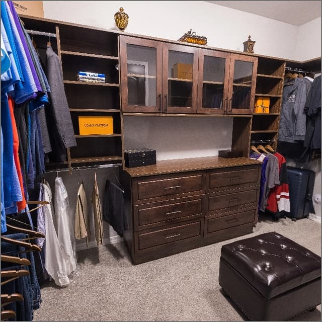 side view of brown cabinets with island